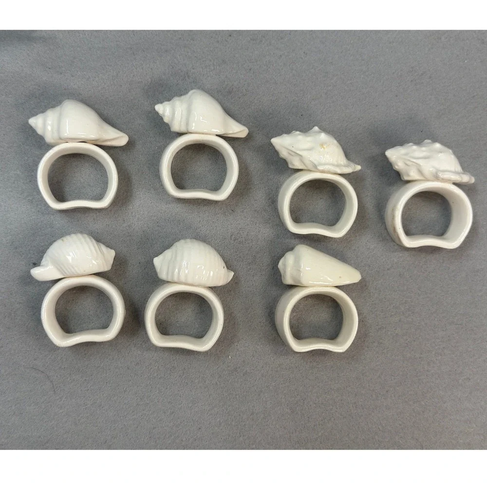 White Ceramic Seashell Napkin Rings Set of 7 Coastal Beach Table Decor